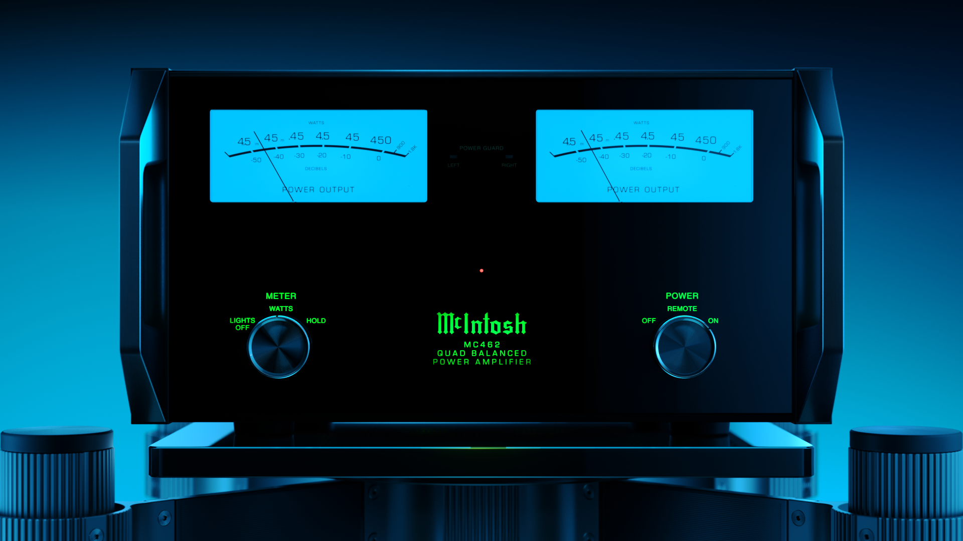 CGI of McIntosh amplifier display with illuminated green VU meters