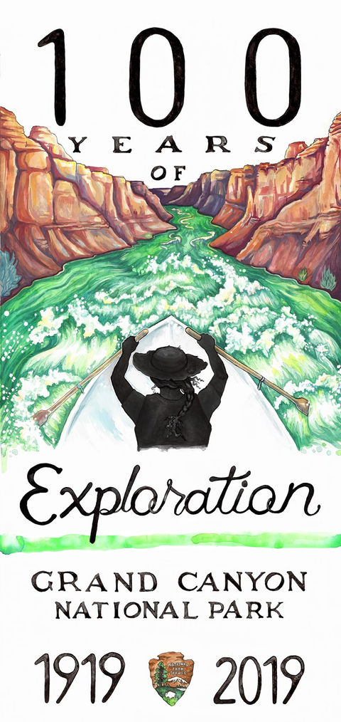 A watercolor illustration celebrating "100 Years of Exploration" at Grand Canyon National Park. It depicts a person paddling down a vibrant green river, surrounded by towering canyon walls.