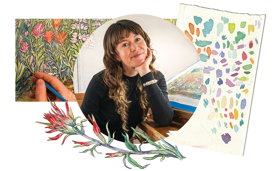 A collage of photos a watercolor botanical ilustration, and a scrap of paper covered in watercolor dashes, by Maine-based nature artist, Claire Loon Baldwin