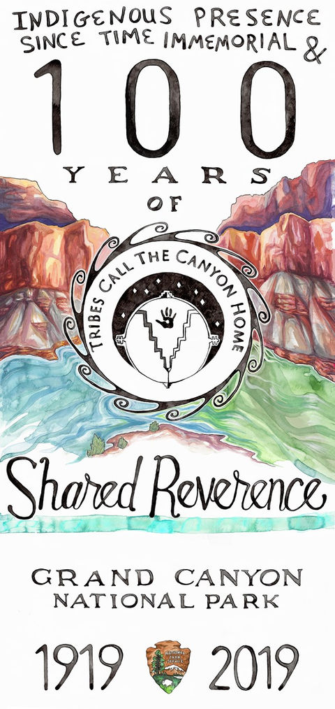 A commemorative watercolor illustration titled "100 Years of Shared Reverence" honoring Indigenous presence at Grand Canyon National Park. It features a circular emblem with tribal motifs, surrounded by canyon landscapes.