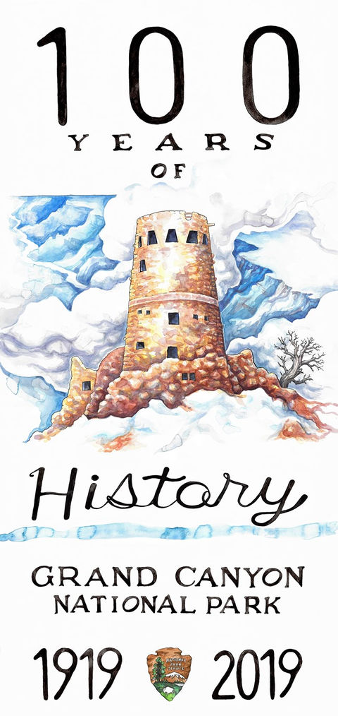 A colorful watercolor illustration titled "100 Years of History" showcasing the iconic Desert View Watchtower at Grand Canyon National Park. The tower stands tall amidst dramatic clouds and rocky terrain.