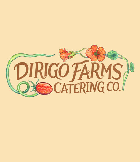Custom hand-lettered logo featuring organic, flowing typography reading ‘Dirigo Farms Catering Co.” with a border of watercolor and ink produce, illustrated by hand with watercolor and ink.