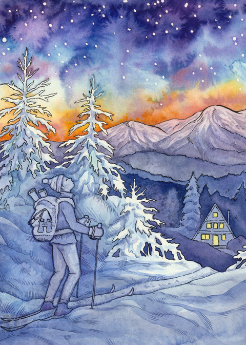 A blue and purple toned mountainous winter landscape shows a cross country skier looking up in awe at a vibrant rainbow colored watercolor night sky with a sprinkle of white stars. off in the distance of the landscape is a triangular cabin with glowing yellow windows. 