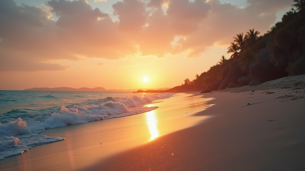 Wide angle view of a serene beach at sunset