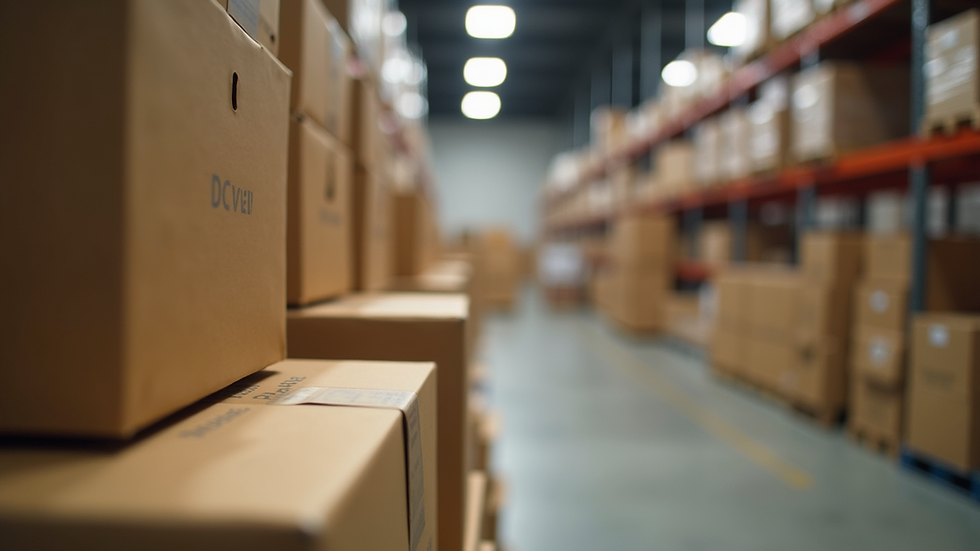 Close-up view of stacked cardboard cake boxes in a warehouse