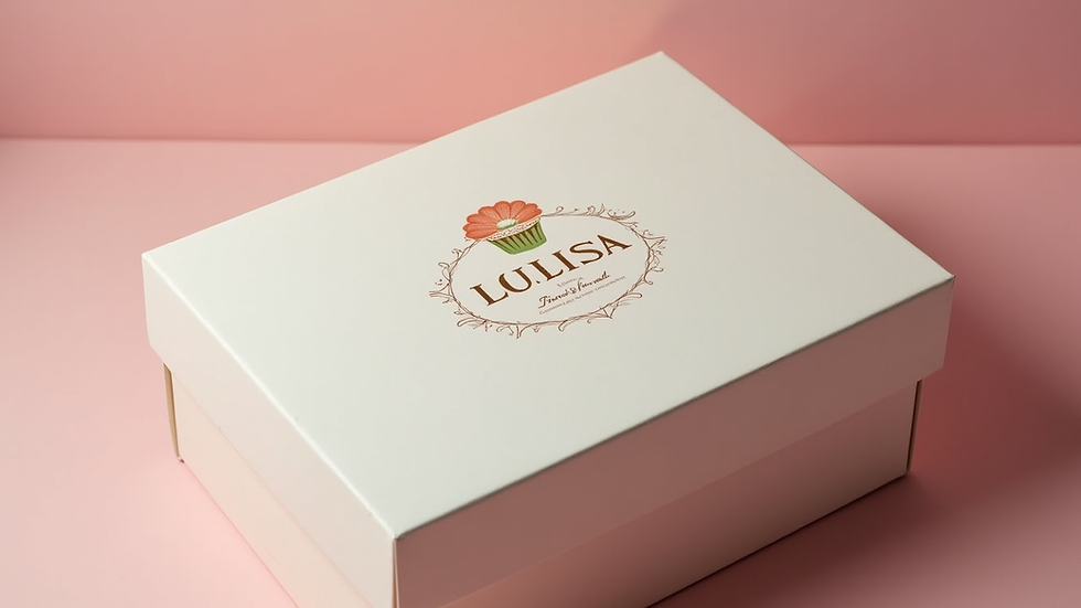 Close-up view of a custom bakery box with elegant logo and pastel colors