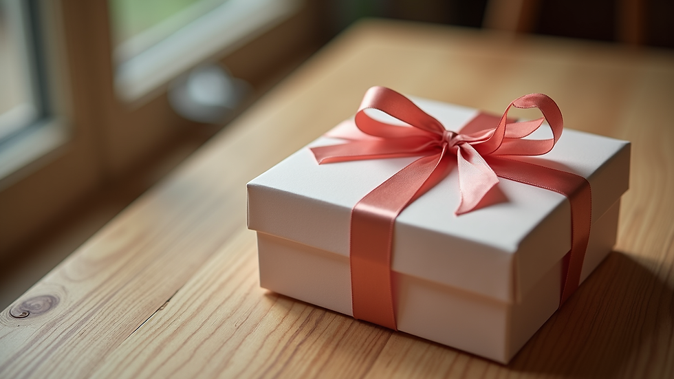 Close-up view of elegant bakery box with ribbon on wooden table