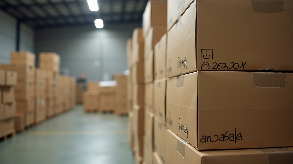 Eye-level view of eco-friendly cake boxes stacked neatly in a warehouse