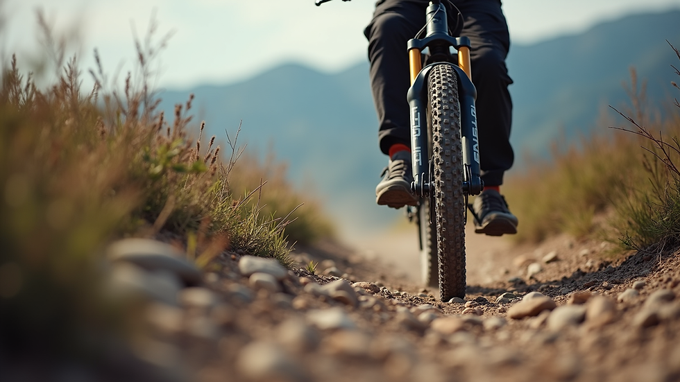 Close-up view of a rugged adventure bike on a rocky trail