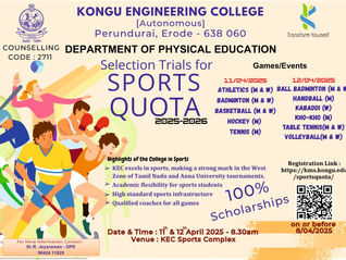 Kongu Engineering College Selection Trials for Sports Quota 2025 2026, Badminton Trail Date 12th April 2025