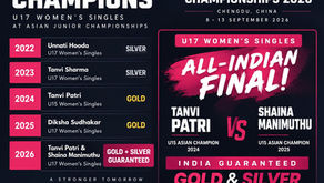 BadmintonScholar infographic highlighting India’s rise in Asian junior women’s singles, featuring Unnati Hooda’s 2022 U17 silver, Tanvi Sharma’s 2023 U17 silver, Tanvi Patri’s 2024 U15 gold, Diksha Sudhakar’s 2025 U17 gold, and the 2026 U17 all-Indian final between Tanvi Patri and Shaina Manimuthu, guaranteeing India gold and silver.