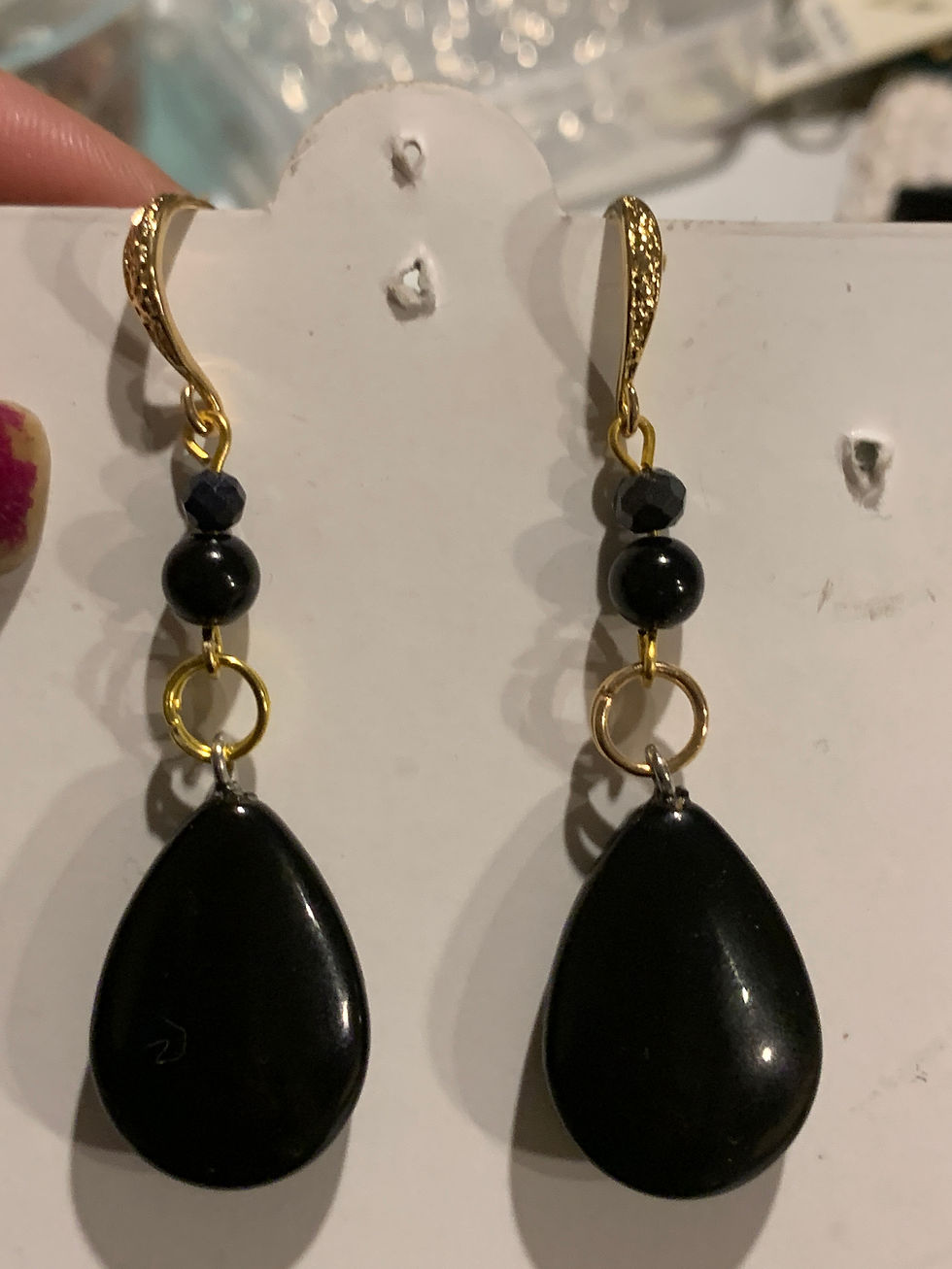 Thumbnail: Black Diamond & Black Tourmaline Gold Toned French Hooks