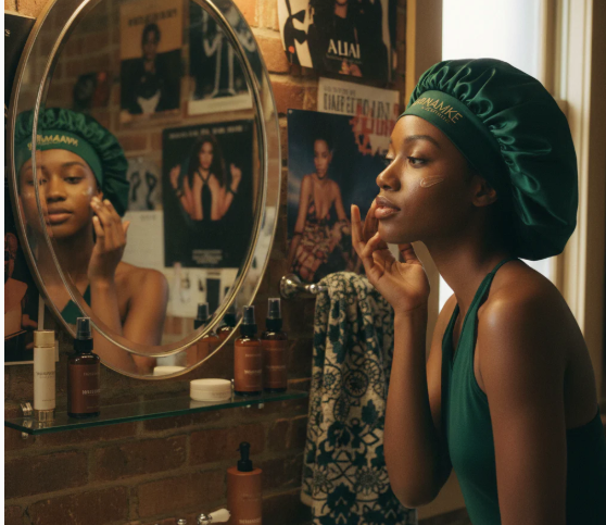 Femme noire se regardant devant un miroir, portant un bonnet en satin vert.