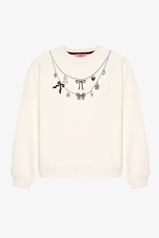 Quzu Charm Aksesuarlı Oversize Sweatshirt Ekru