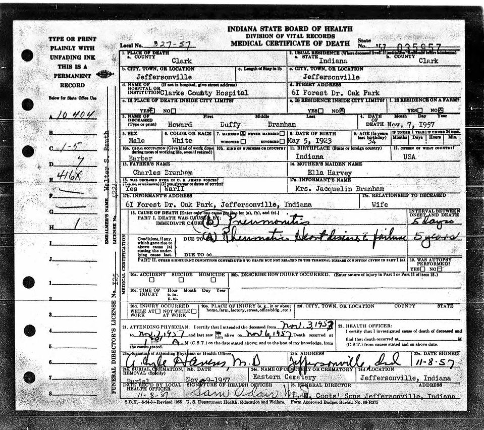 1957 Death Certificate of Howard Duffy Branham