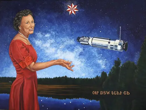 Painting of Cherokee aerospace engineer Mary Golda Ross with a spacecraft and star symbol in the night sky representing Indigenous contributions to space exploration.
