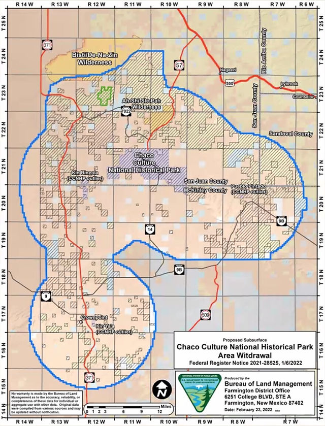 Purpose: It outlines a 10-mile buffer zone (the large blue outline) around the park to protect the area from new oil and gas leasing.Location: San Juan, McKinley, Sandoval, and Rio Arriba counties in northwestern New Mexico.Protected Sites: Includes the main Chaco Culture National Historical Park alongside its outlying sites like Kin Bineola, Pueblo Pintado, and Kin Ya'a.Neighboring Areas: It shows nearby protected lands like the Bisti/De-Na-Zin Wilderness and Ah-Shi-Sle-Pah Wilderness.Source: Produced by the BLM Farmington District Office, referenced in Federal Register Notice 2021-28525 on January 6, 2022.