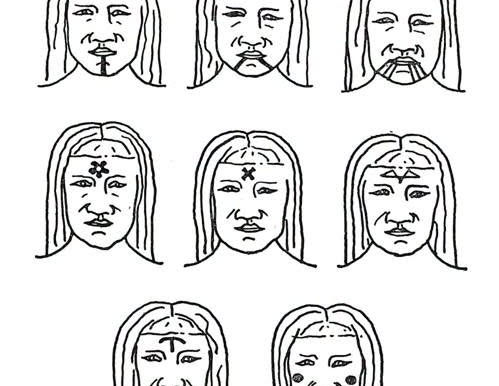 Facial tattoo designs documented among Hualapai women. Illustrations published in Alfred Kroeber's Walapai Ethnography (1935).