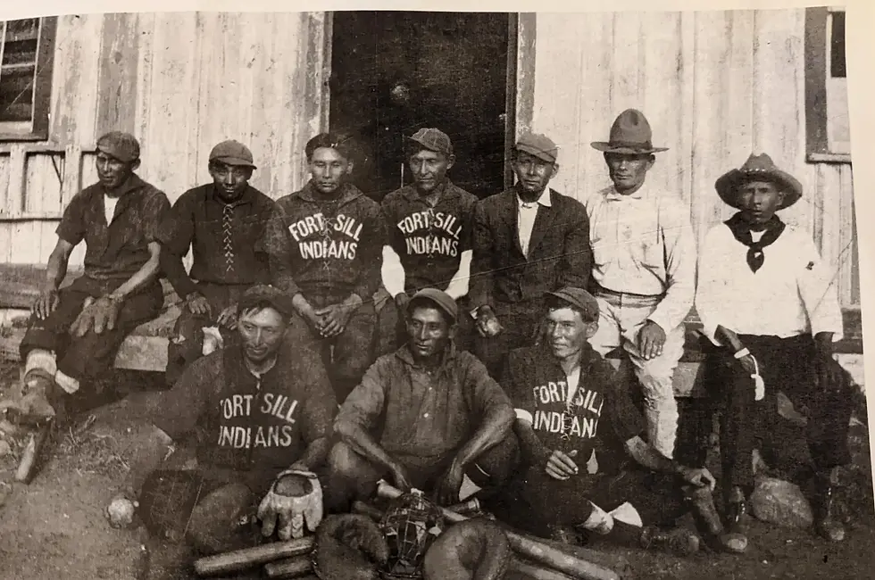 Historic photo of the Native American baseball team at Fort Sill Indian School in Lawton Oklahoma home of the 7th cav., imprison Comanche, Kiowa, Apache.