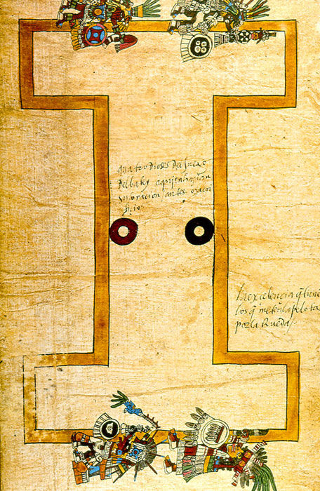 An illustration from the Codex Borgia, folio 42, shows a Mesoamerican ballcourt with players and circular markers. The image reflects the deep cultural importance of the ballgame in Indigenous Mesoamerican visual tradition.