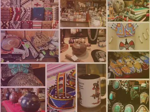 Indigenous pottery, jewelry, basketry, and cultural art objects displayed with protective spacing and soft museum lighting.