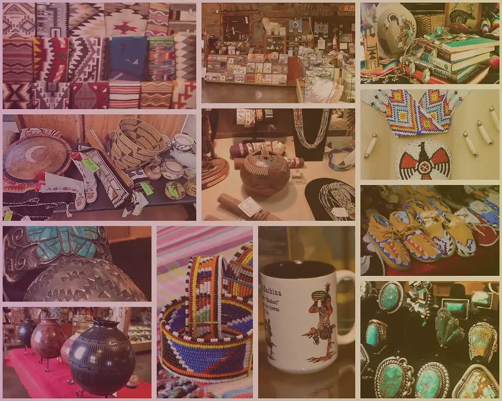 A collage of Native art items including pottery, beadwork, baskets, rugs, moccasins, jewelry, and cultural art displayed in a museum trading post setting.