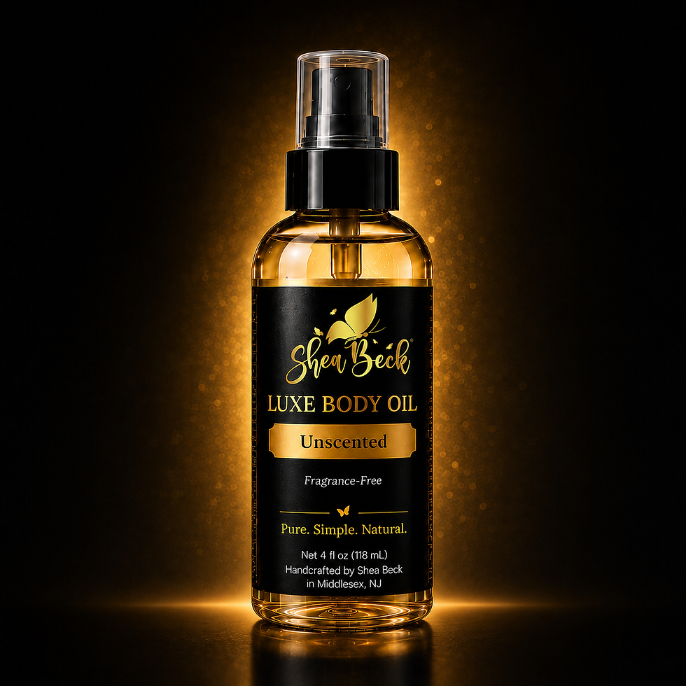 Shea Beck Unscented Luxe Body Oil, a fragrance-free, lightweight body oil for soft, smooth and radiant-looking skin.