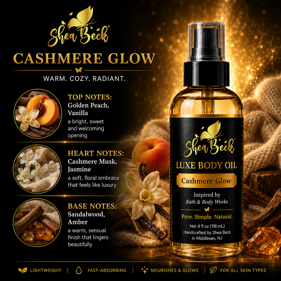 Cashmere Glow body oil scent profile with golden peach, vanilla, cashmere musk, jasmine, sandalwood and amber.