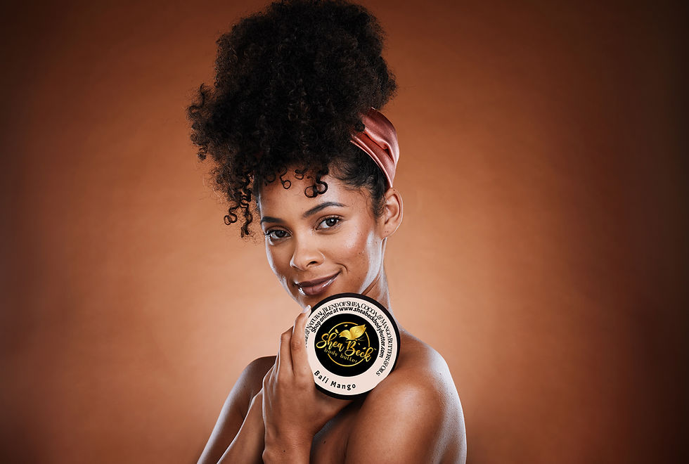Young woman holding skincare product, smiling, with a brown background. ABOUT Shea Beck
