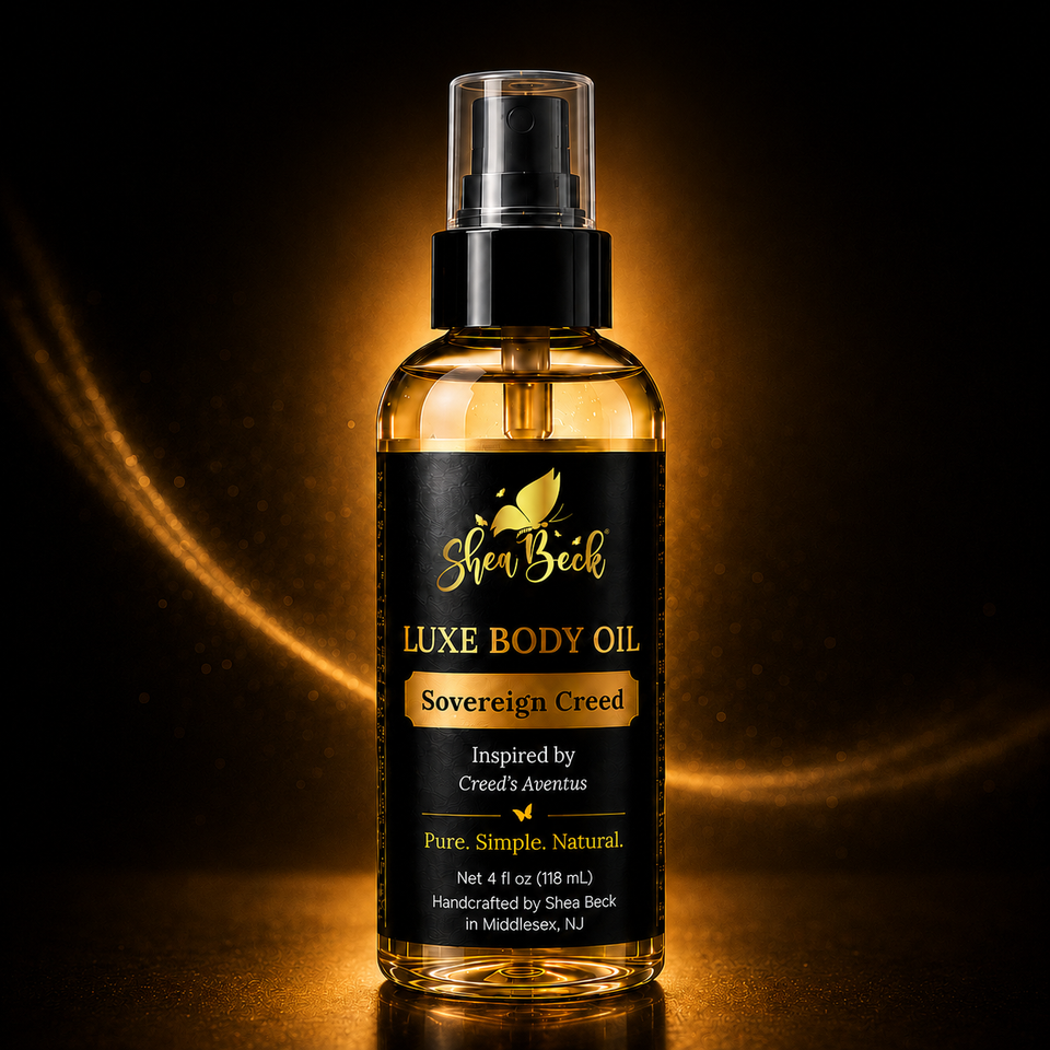 Shea Beck Luxe Sovereign Creed Body Oil inspired by Creed Aventus in a luxury black-and-gold 4 oz pump bottle.