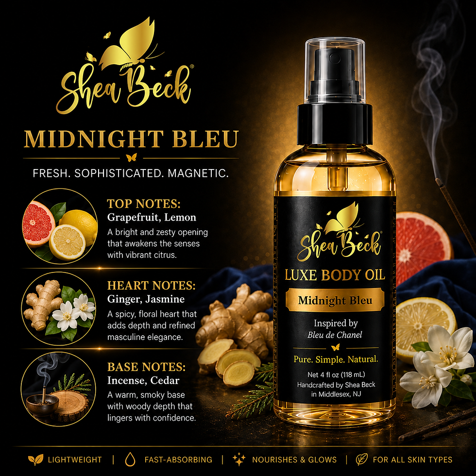 Midnight Bleu body oil scent profile with grapefruit, lemon, ginger, jasmine, incense and cedar notes