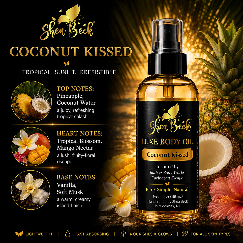 Coconut Kissed body oil scent profile with pineapple, coconut water, tropical blossom, mango nectar, vanilla and soft musk.