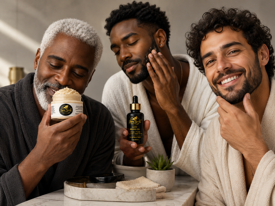 3 guys using Shea Beck® Midnight Bleu Luxe Beard Oil