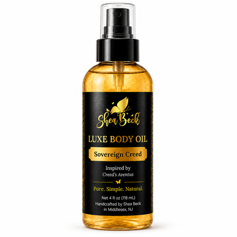 Shea Beck Luxe Sovereign Creed Body Oil inspired by Creed Aventus in a luxury black-and-gold 4 oz pump bottle.