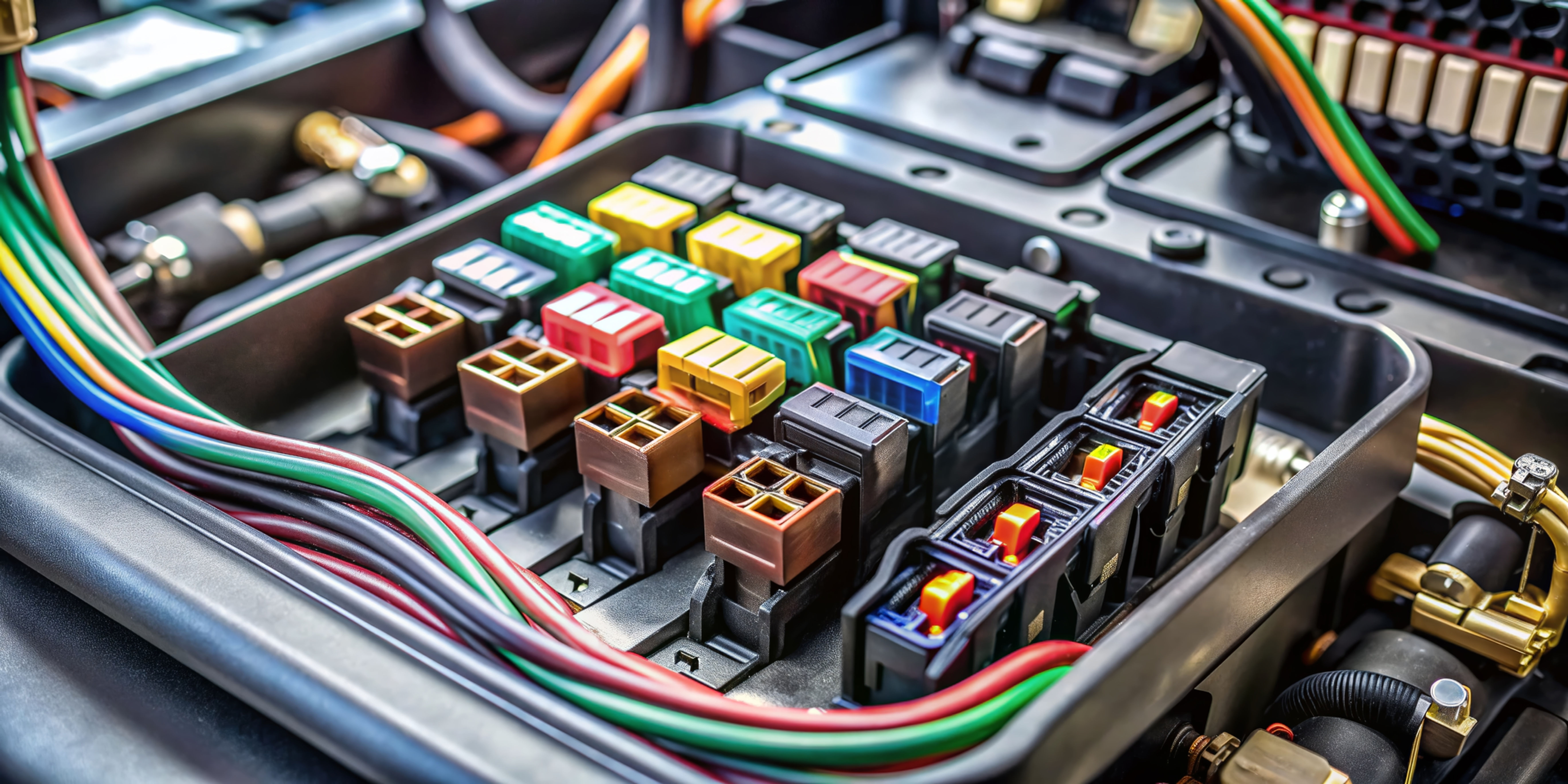 Car electrical system being diagnosed in repair bay.