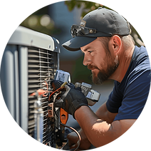Technician working on air conditioning outdoor unit on hot sunny day