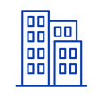 Blue outline icon of three city buildings