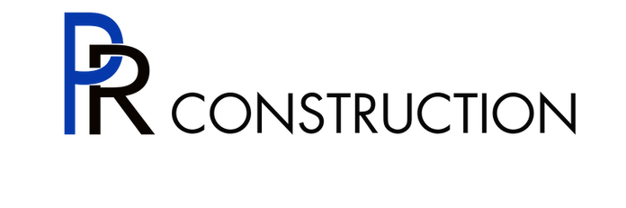 PR Construction logo with blue and brown lettering