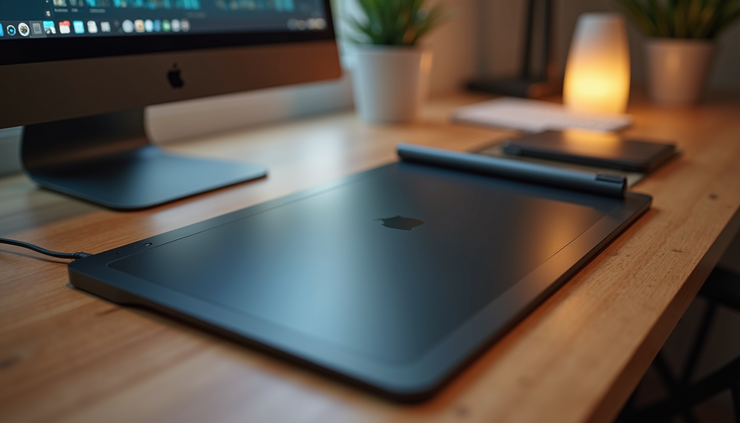 Eye-level view of a digital artist’s workspace with a graphic tablet and stylus