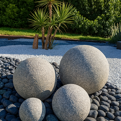 Sphère granit bouchardé gris clair pour aménagement paysager