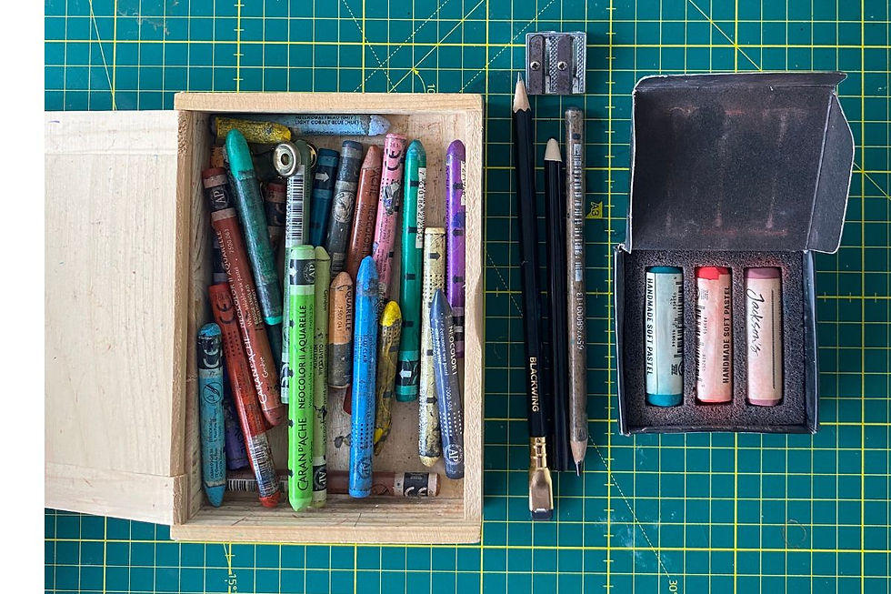 My box of various Neocolours, chosen pencils and a few pastels.