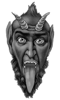 Head of devil with tongue out.