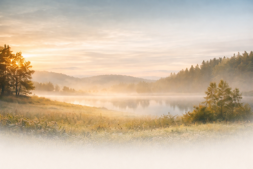 Misty sunrise over a calm lake with golden light, pine-covered hills, and grassy shore in a serene landscape.