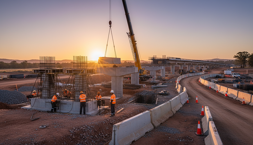 Infrastructure construction site, Mining Site, Fleet of vehicles, mining workers
