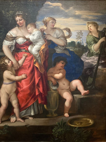 A painting shows 3 women, wearing a red dress, a blue dress, and a green dress. Three children are gathered around the first woman, and the third woman holds a large anchor.