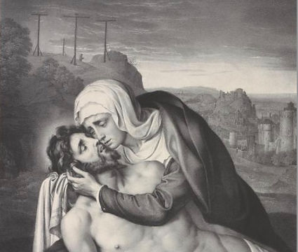 In a print from an engraving, Mary puts her cheek to Jesus's cheek in mourning as Jesus has been taken down from the cross.