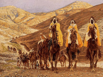 In a painting with vivid yellow, brown, and gold colors, a caravan crosses a mountainous desert led by 3 men in stately robes.