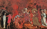 Lazarus in the opening of a cave, with Jesus and others nearby, against a deep reddish textured background.