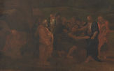 A painting in dark colors shows two blind men kneeling and reaching out to a man who is standing in front of them and reaching out to touch them.