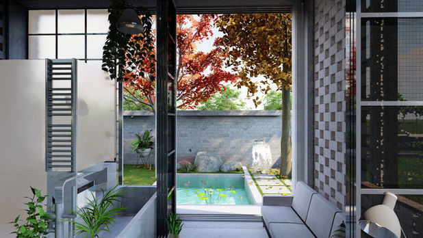 B - The indoor spaces connect to the outdoor.